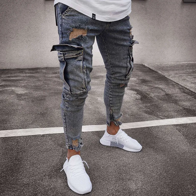 Casual Newest Men's Ripped Jeans Mid Waisted Jeans Pencil Pants