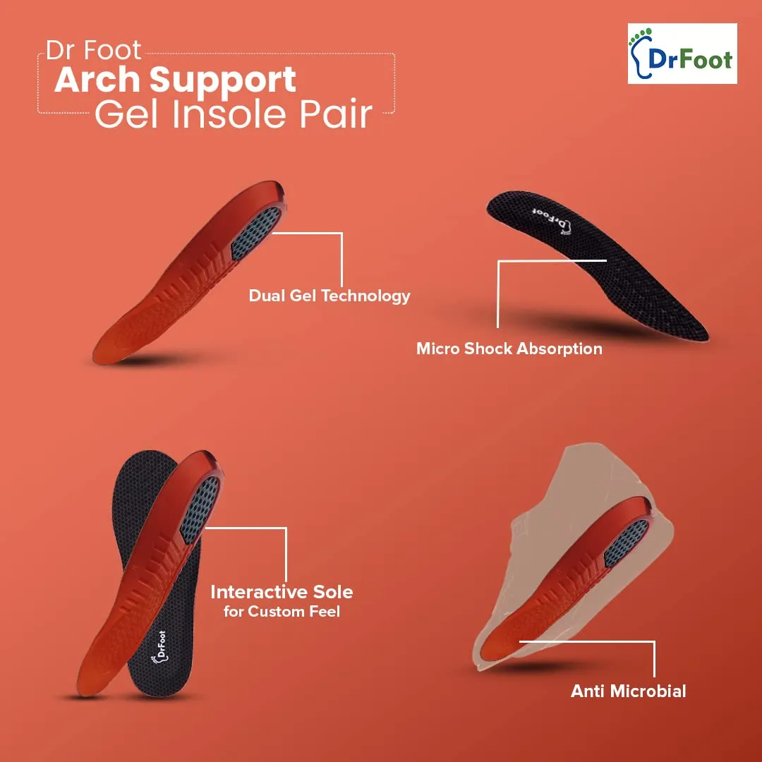 Dr Foot Arch Support Gel Insole Pair | For All-Day Comfort | Shoe Inserts for Flat Feet, High Arch, Foot Pain | Full-Length Orthotics | For Men & Women – 1 Pair (Large Size) (Pack of 5)