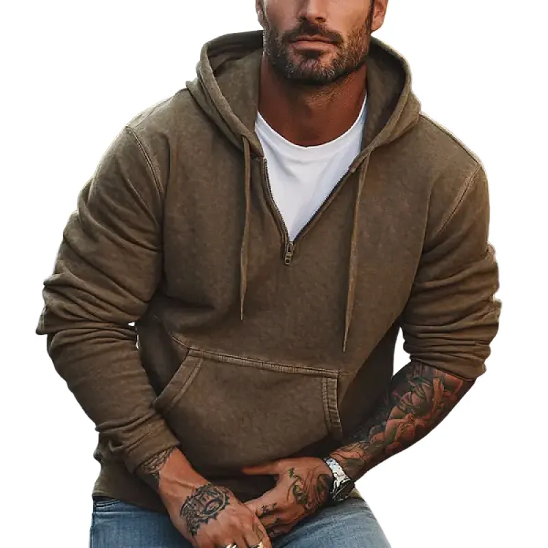 Men's Casual Washed Kangaroo Pocket Zipper Long Sleeve Hoodie 89935330Y