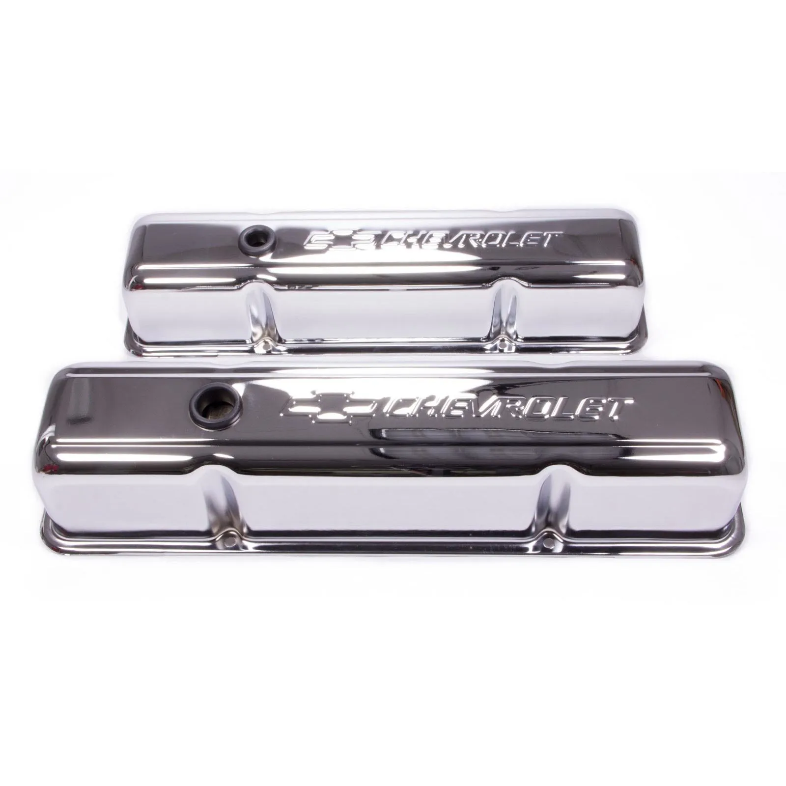 Proform Tall Valve Cover - Baffled - Breather Hole - Chevrolet Bowtie Logo - Chrome - Small Block Chevy 141-103 - Pair