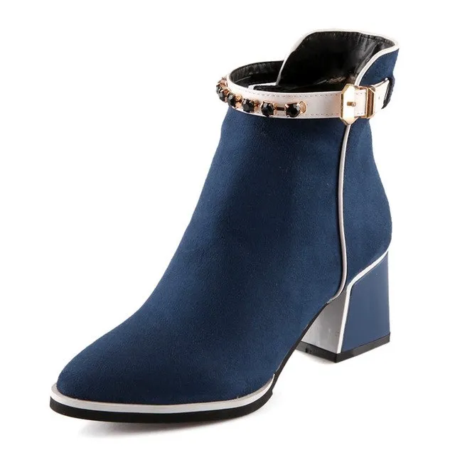 Western Square High Heels Winter Ankle Boots